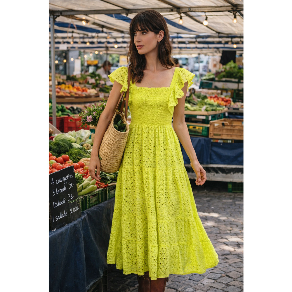 Alice+Olivia Eyelet Cotton Nap Dress Smocked Midi Cottagecore Chartreuse Green